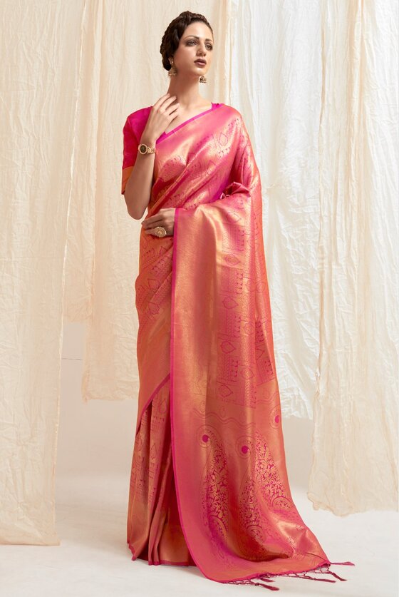 Golden Berry Pink Woven Kanjivaram Saree