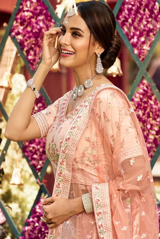 Pastel Peach Pink Crepe Lehenga Choli With Resham, Swarvoski, Zarkan & Zari Work