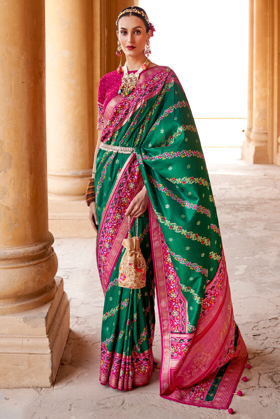 Basil Green Patola Silk Saree With Handmade Tassels