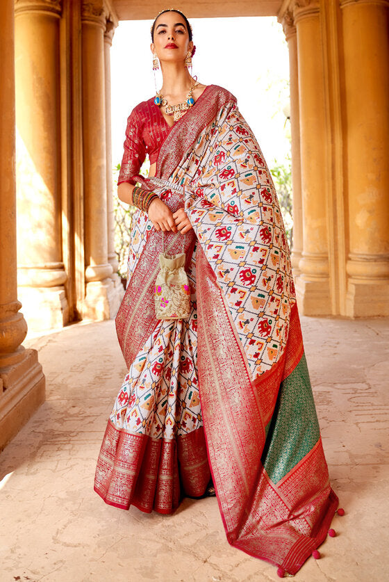 Beautiful White Patola Silk Saree With Handmade Tassels