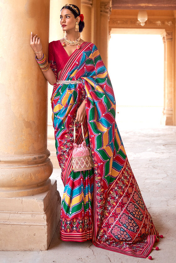 Multicolour Patola Silk Saree With Handmade Tassels