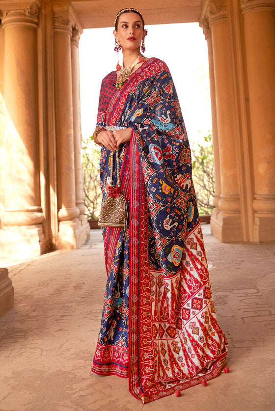 Rich Blue Patola Silk Saree With Handmade Tassels