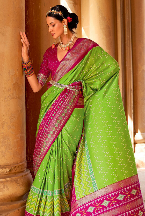 Leaf Green Patola Silk Saree With Handmade Tassels