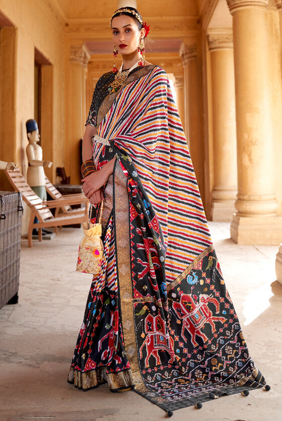 Multicolour Stripe Patola Silk Saree With Handmade Tassels