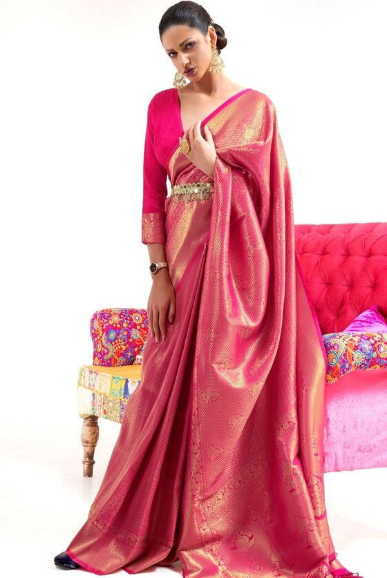 Hot Pink Woven Kanjivaram Silk Saree