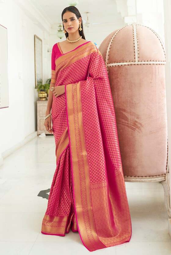 Ruby Pink Woven Kanjivaram Silk Saree