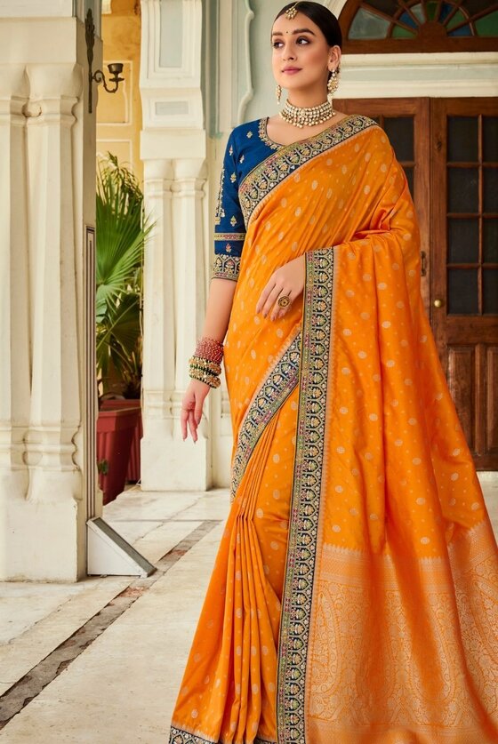 Orange Exclusive Banarasi Silk Saree With Embroidered Blouse