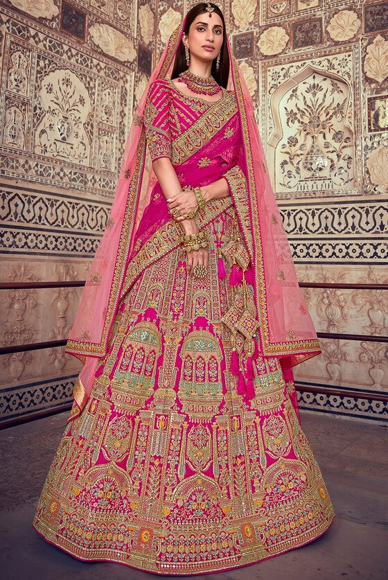 Deep Pink Banarasi Silk Lehenga Choli With Jarkan,Cutdana, And Hand Embroidery Work