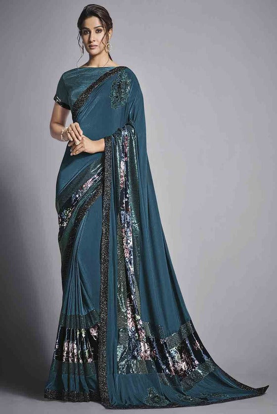 Dark Teal Blue Designer Lycra Saree With Sequins Embroidery & Digital Print