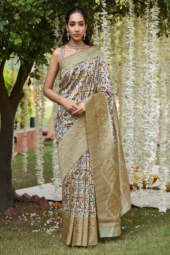 Golden White Silk Saree With Kashmiri Floral Print