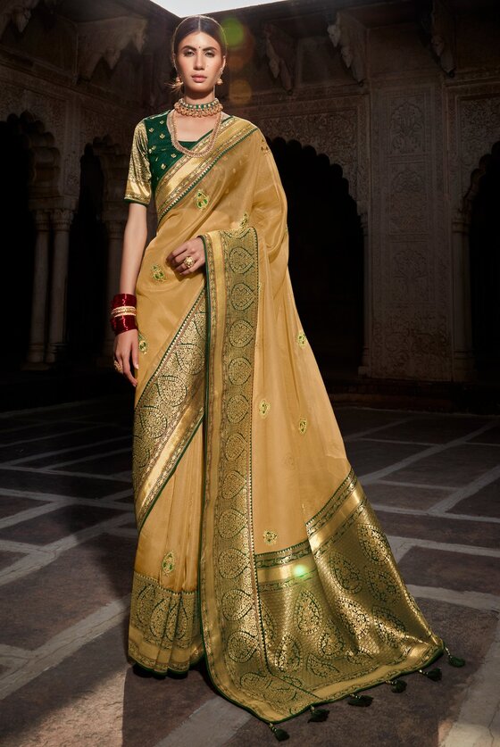 Oak Buff Woven Banarasi Silk Paithani Saree