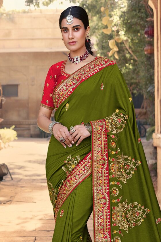 Green Designer Embroidered Silk Saree