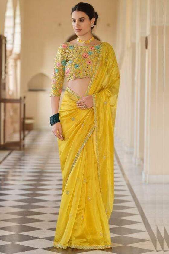 Yellow Exclusive Organza Designer Saree