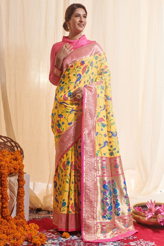 Glowing Yellow Woven Paithani Silk Saree With All Over Jal