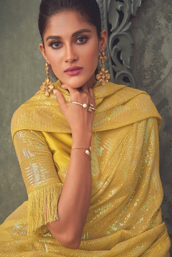 Yellow Sequins Designer Georgette Saree