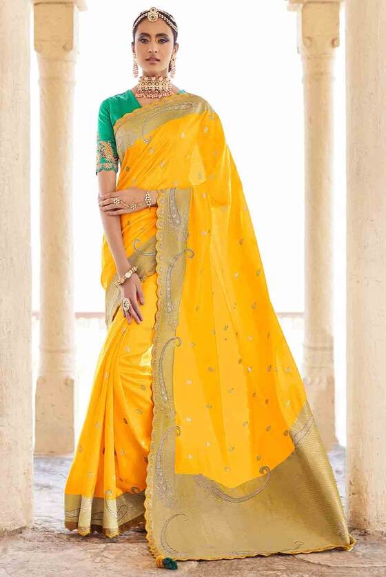 Gold Yellow Woven Banarasi Silk Saree With Embroidered Blouse