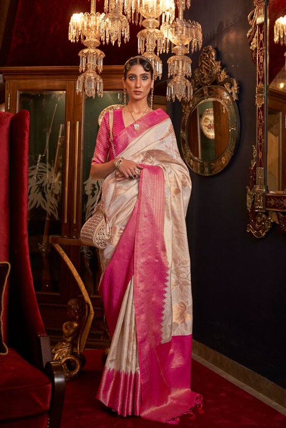 White & Pink Contrast Border Pallu Kanjivaram Saree