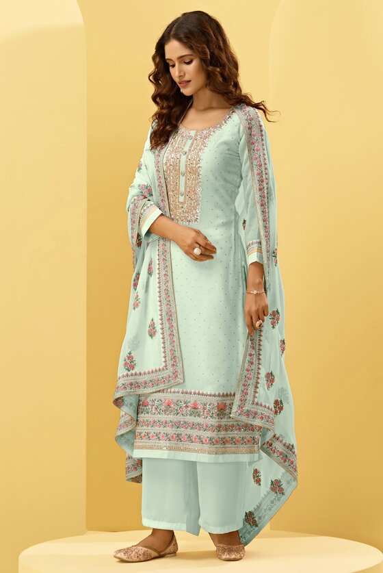 Pearl Blue Heavy Embroidered Unstitched Dress Material