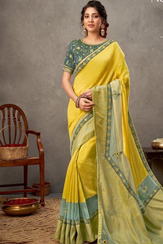 Titanium Yellow Tussar Silk Saree With Resham, Zari Embroidery & Handwork Details