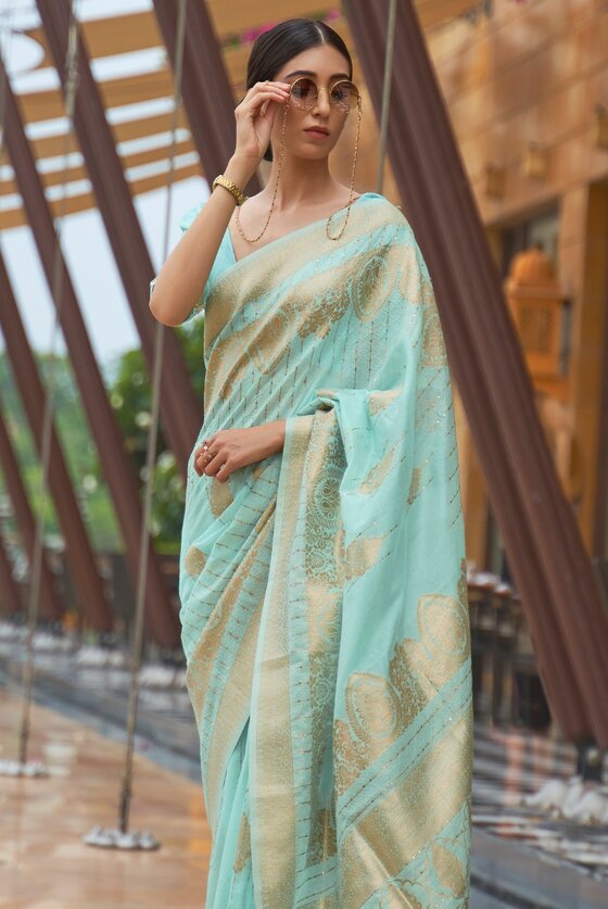 Ganges Blue Zari Woven Kota Banarasi Saree With Sequence Work