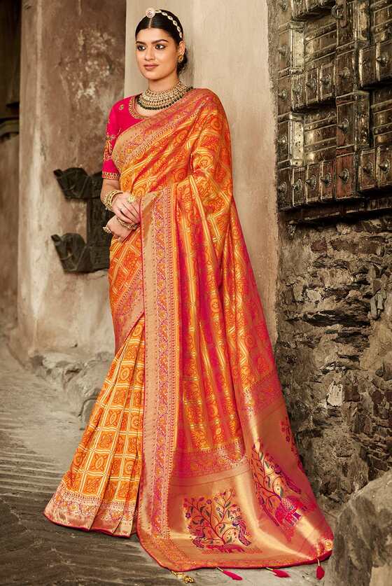 Orange Designer Banarasi Saree With Embroidered Blouse