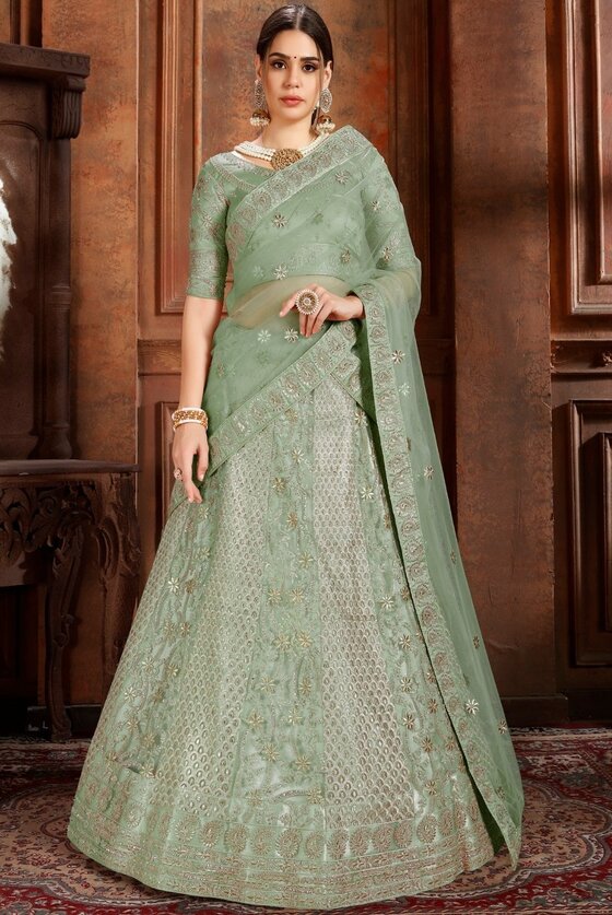 Pista Green Lehenga Choli With Stone, Pearl & self Embroidered work