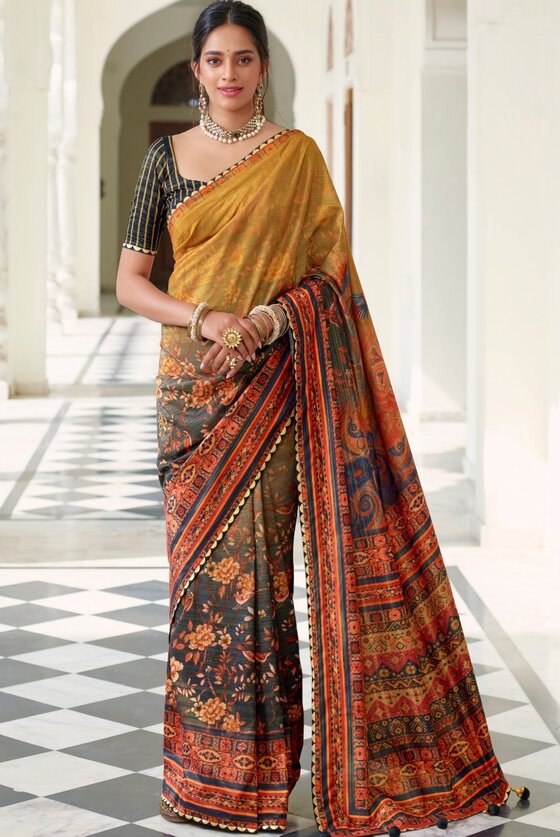 Yellow & Blue Floral Digital Print Silk Saree