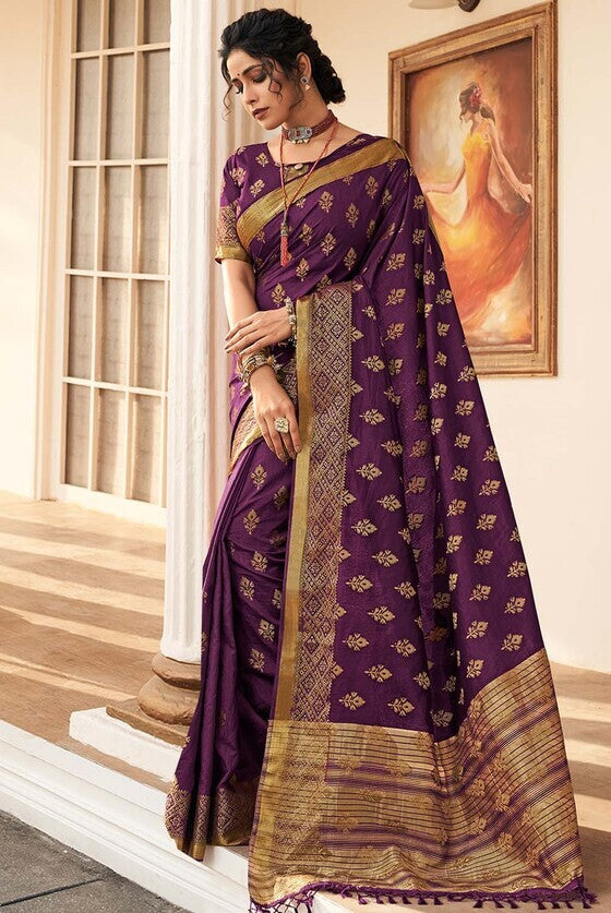 Mulberry Purple Zari Butta Woven Banarasi Silk Saree