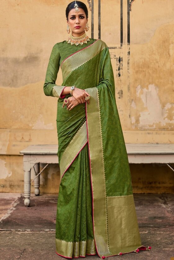 Forest Green Self Embossed Zari Woven Banarasi Silk Saree