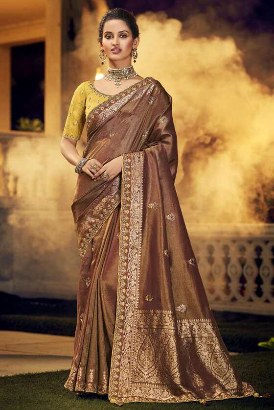 Tawny Brown Designer Silk Saree With Embroidered Blouse