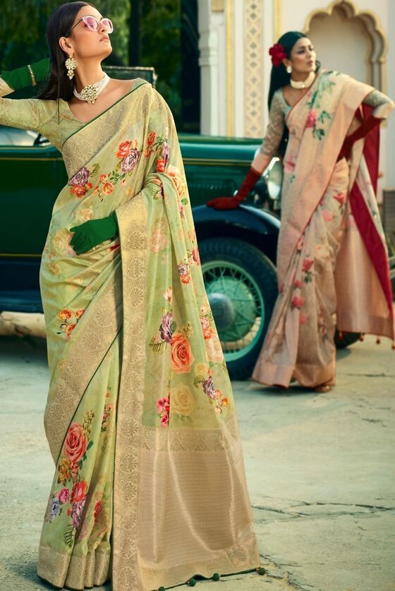 Pastel Green Floral Tissue Silk saree