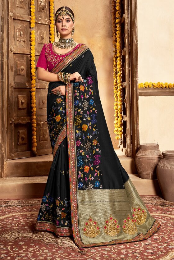 Black Woven Banarasi Silk Embroidered Saree