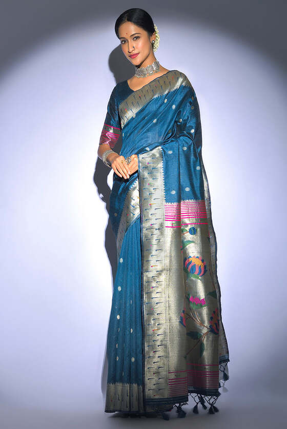 Sapphire Blue Tussar Silk Zari Woven Saree With Paithani Border And Pallu