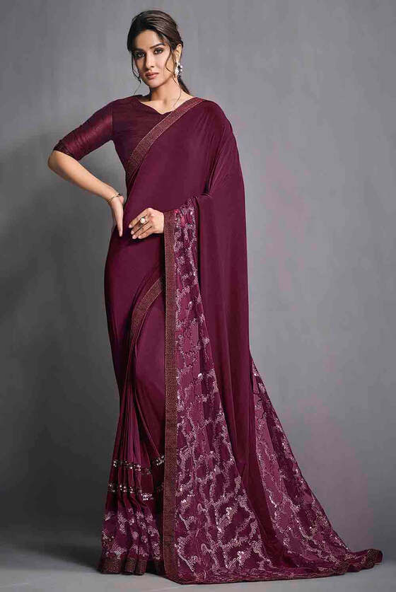 Sangria Purple Designer Lycra Saree With Zari & Sequins Embroidery