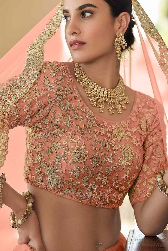 Peach Pink Soft Net Lehenga Choli With Dori & Sequins Work