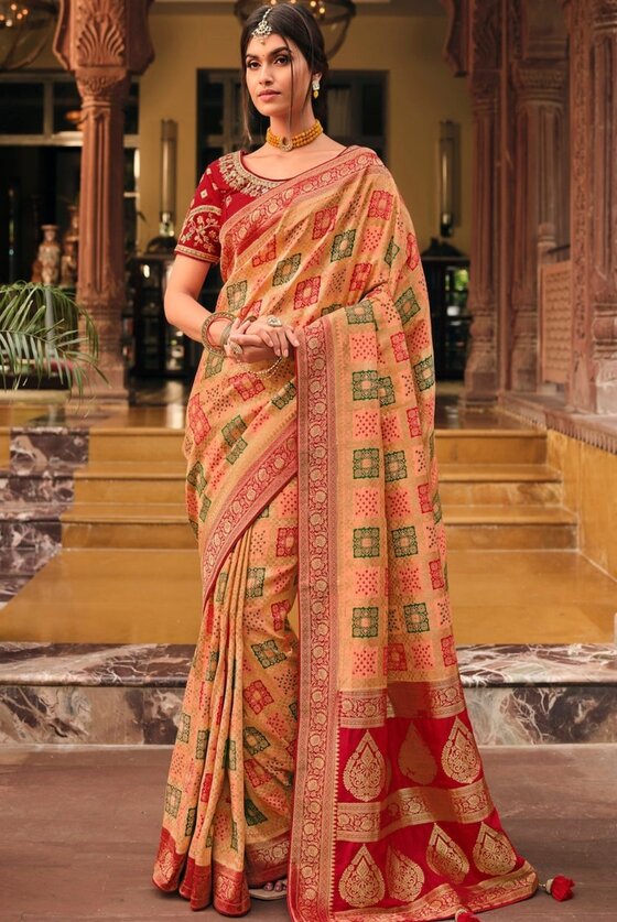 Beige Brown Woven Banarasi Silk Saree With Embroidered Blouse