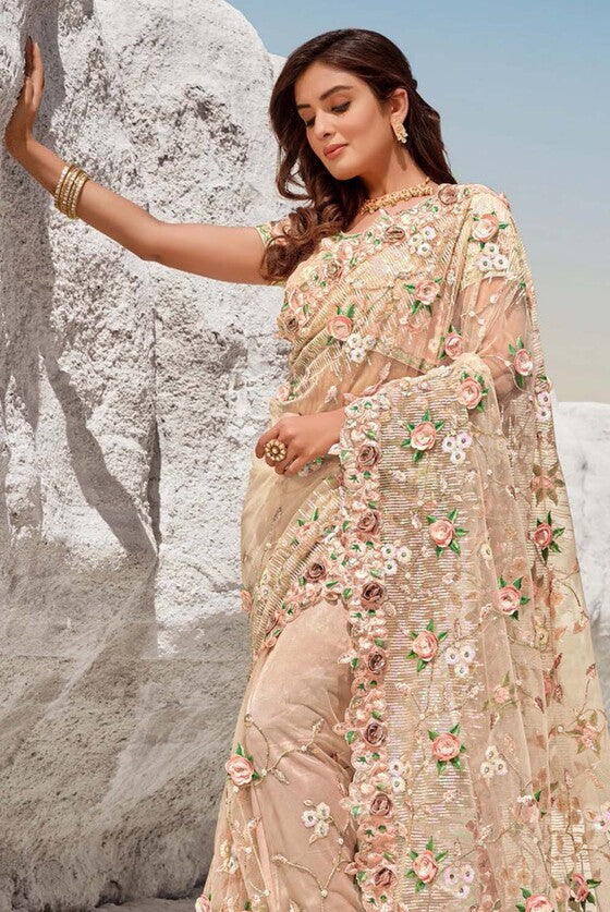 Buff Cream Designer Saree