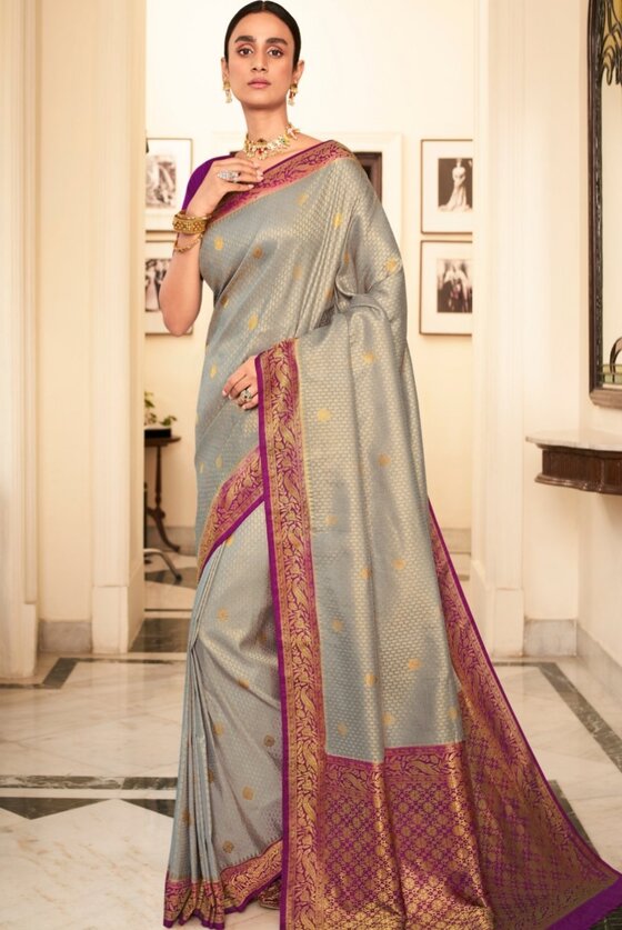 Lava Grey Woven Kanjivaram Silk Saree With Contrast Border & Pallu