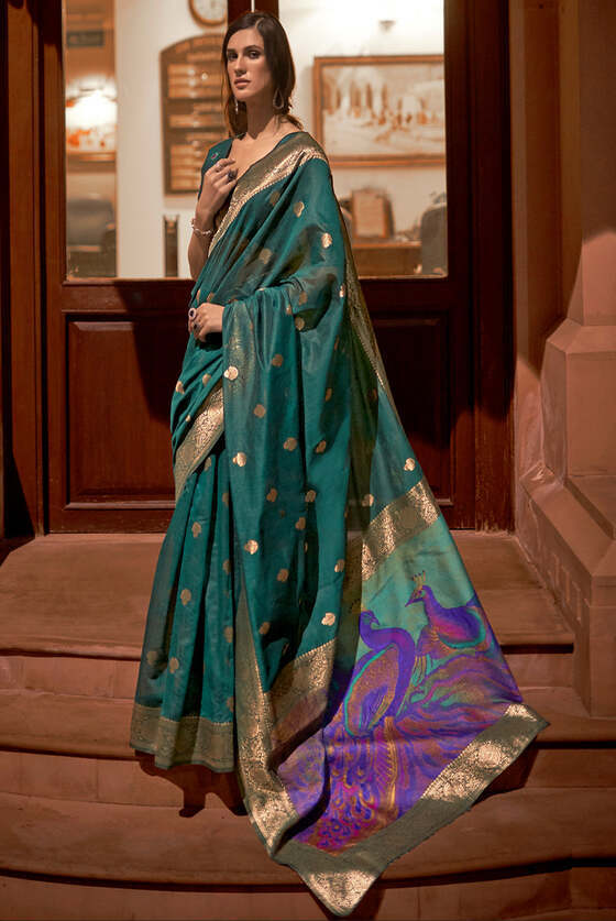 Forest Green Banarasi Woven Silk Saree With Peacock Pallu