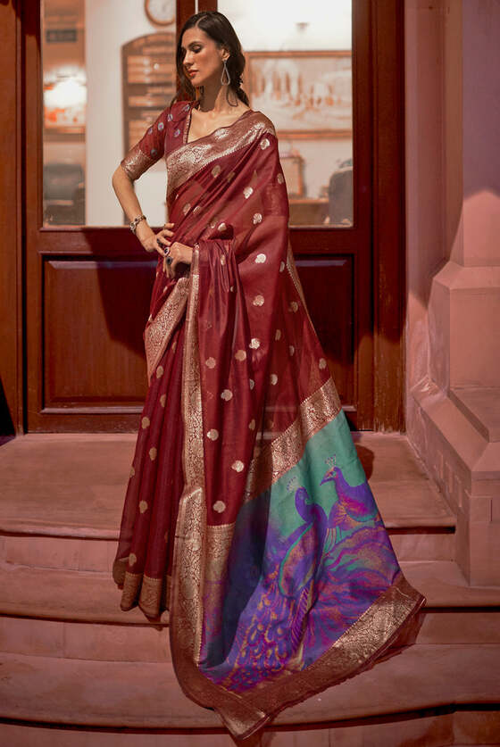 Rich Maroon Banarasi Woven Silk Saree With Peacock Pallu