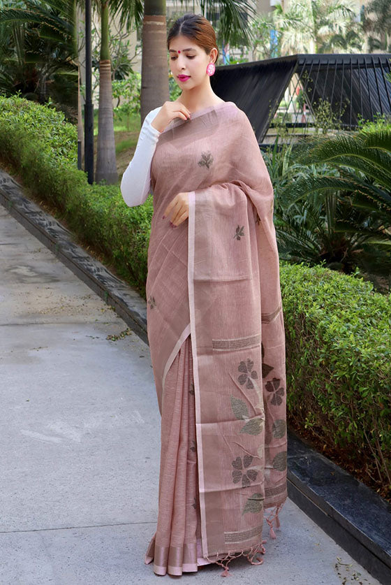 Light Brown Linen Cotton Saree With Copper Zari Weaving Pallu