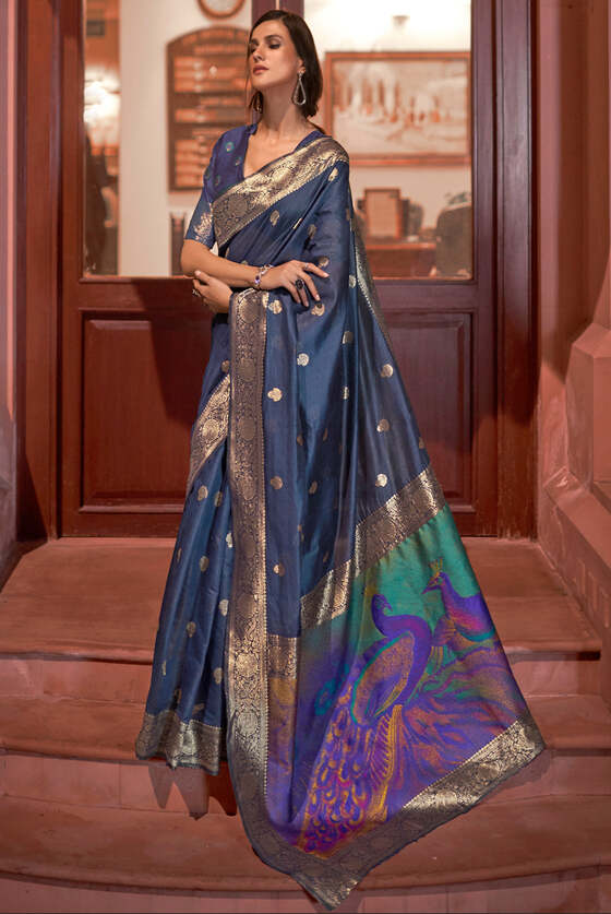 Sapphire Blue Banarasi Woven Silk Saree With Peacock Pallu