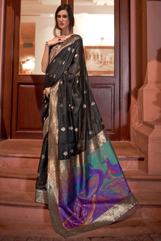 Black Banarasi Woven Silk Saree With Peacock Pallu