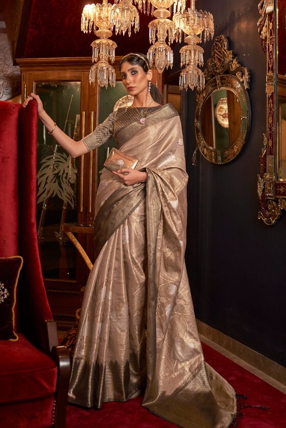 Beige Gold Contrast Border Pallu Kanjivaram Saree