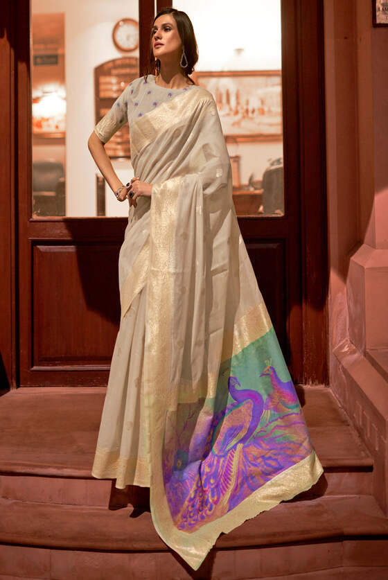 Rich Beige Banarasi Woven Silk Saree With Peacock Pallu