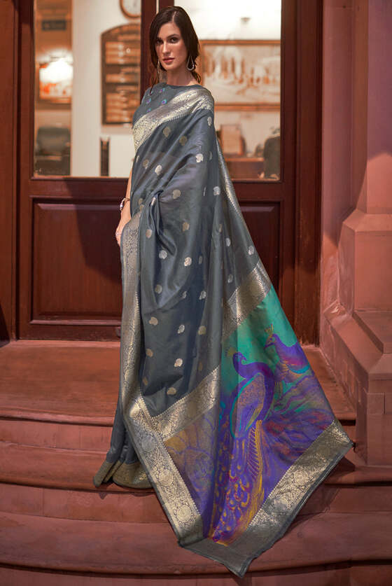 Deep Grey Banarasi Woven Silk Saree With Peacock Pallu