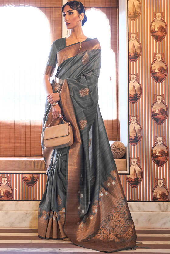 Grey Velvet Banarasi Bronze Zari Woven Tusser Silk Saree