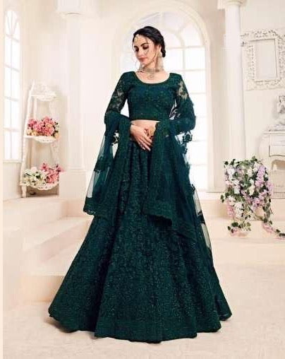 Green Embroidered Net Lehenga Choli