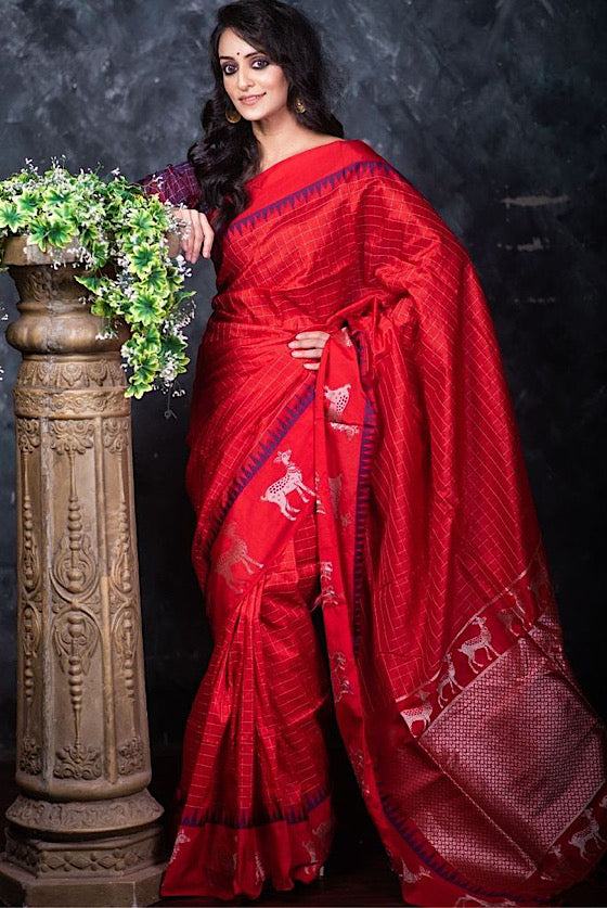 Candy Red Raw Silk Saree With All Over Zari Checks