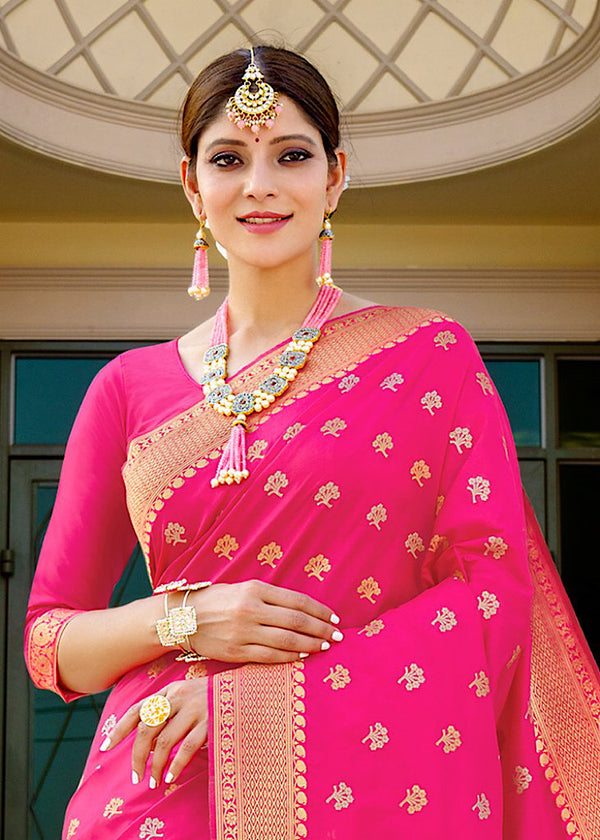 Magenta Pink Zari Woven Banarasi Silk Saree